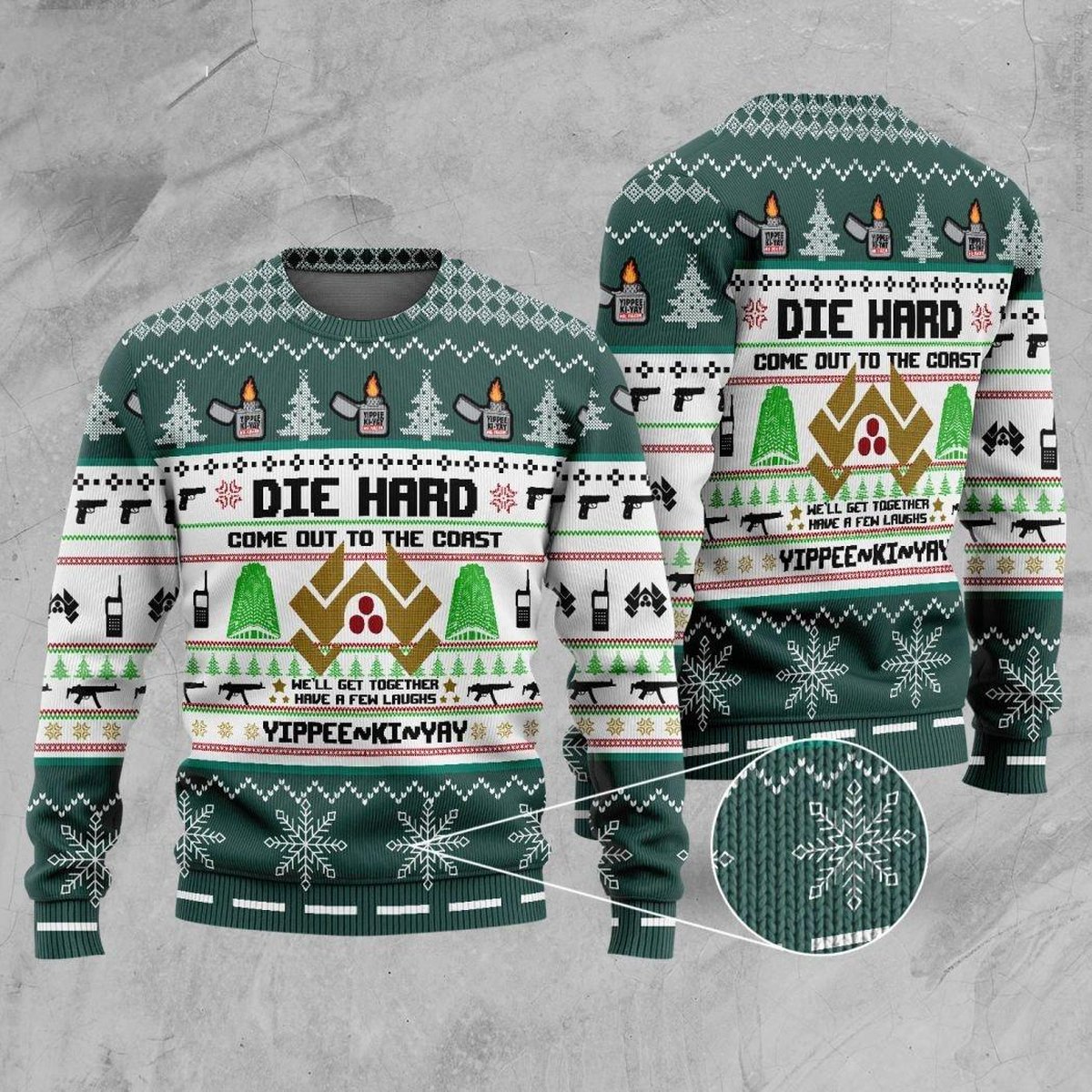 Die Hard Christmas Green Ugly Sweater Yippee Ki Yay Movie Quote Holiday Knit Jumper