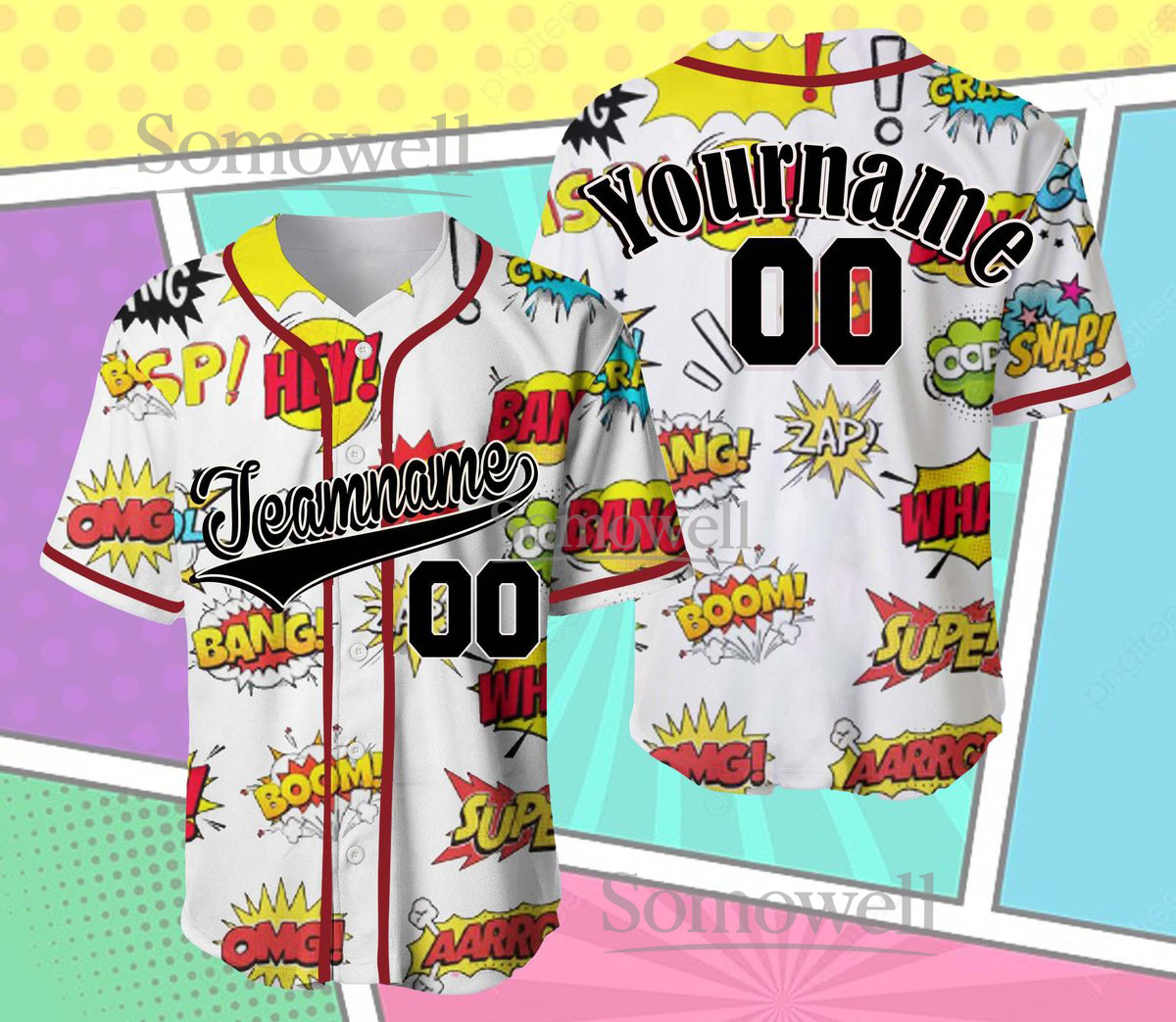Comic Book Baseball Jersey with Team Name Number Multiple Color Options for Adult Kid