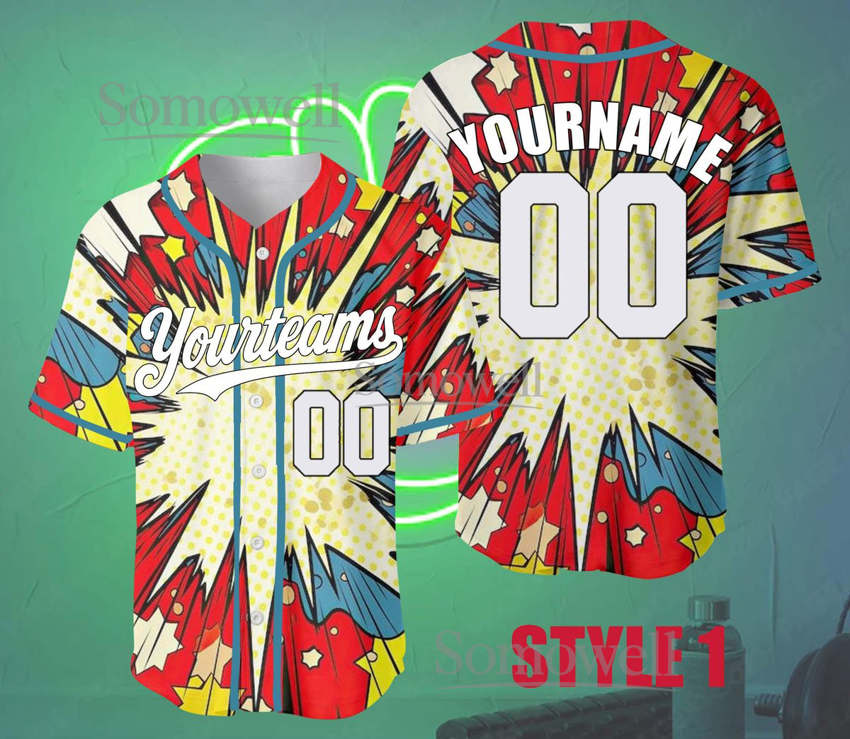 Comic Book Baseball Jersey with Team Name Number Available in Multiple Colors for Adult Kid