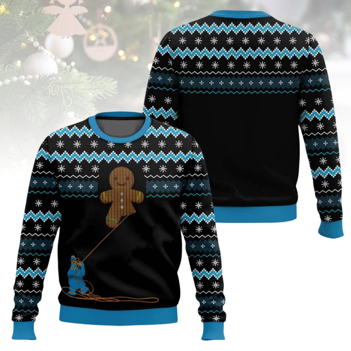 Cookie Monster Christmas Black Ugly Sweater Gingerbread Holiday Blue Knit Jumper