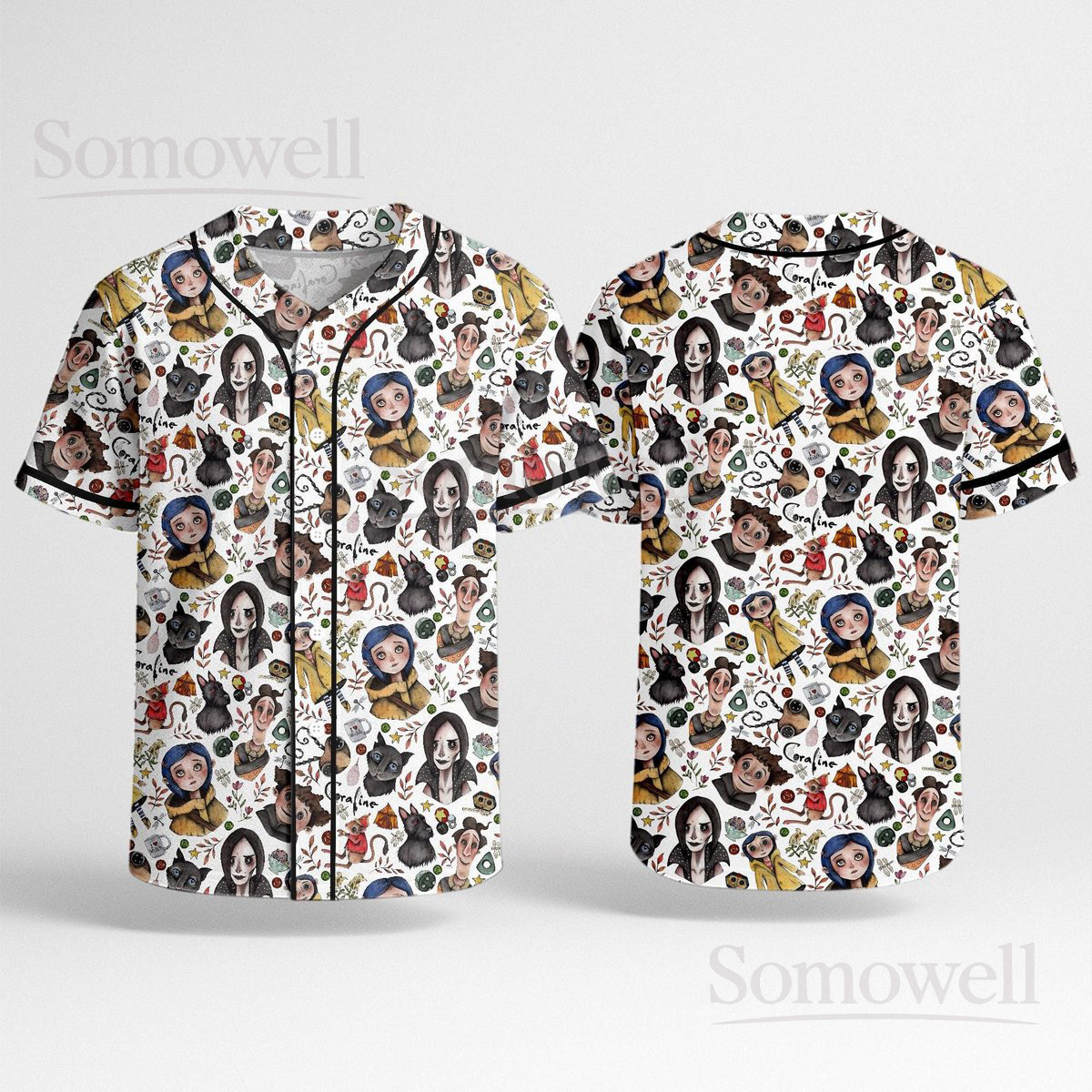 Custom Coraline Baseball Jersey Shirt for Animation Fans White and Black Patterned Design Inspired by Movie Characters