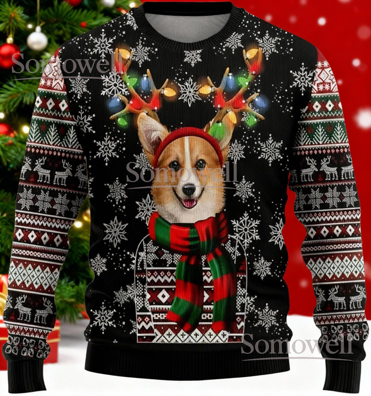 Corgi Reindeer Christmas Black Ugly Sweater Cute Dog Holiday Knit Jumper
