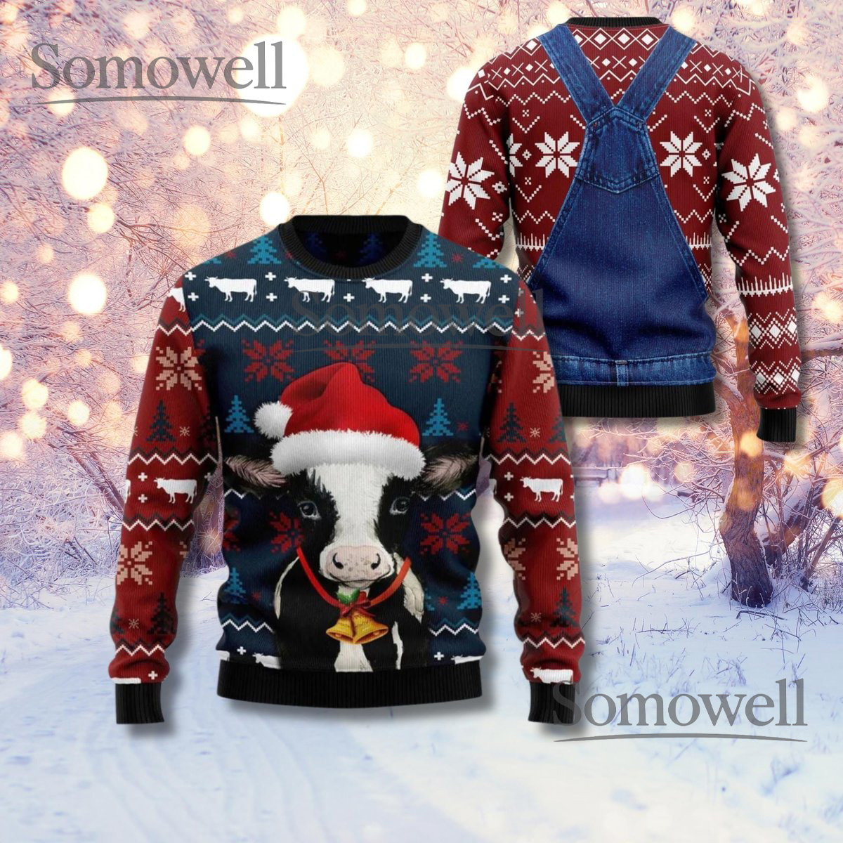 Cow Christmas Sweater Santa Hat Heifer Pattern Farm Animal Holiday Pullover Gift