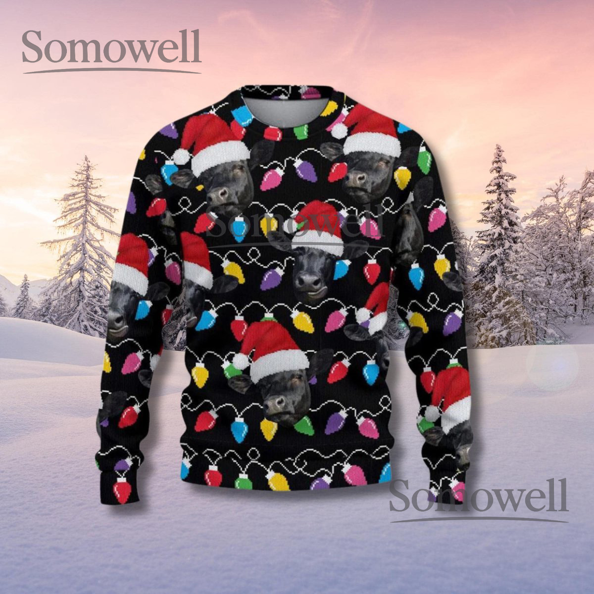 Cow Santa Hat Lights Black Ugly Christmas Sweater Funny Farm Animal Holiday Knit Jumper