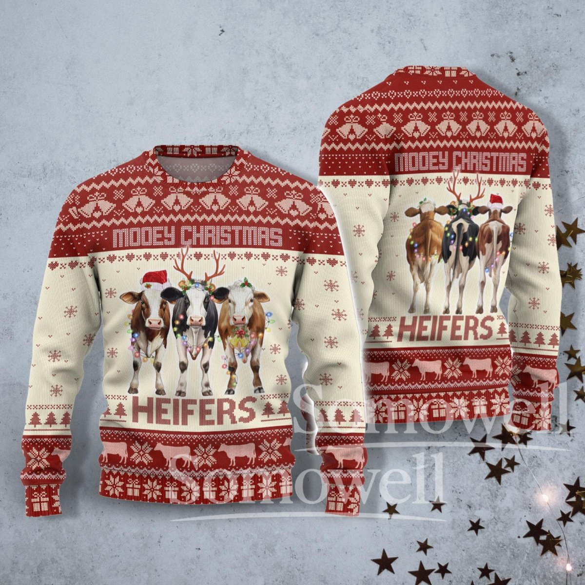 Mooey Christmas Heifers Ugly Sweater Funny Cow Farm Animal Holiday Knit Pullover Gift
