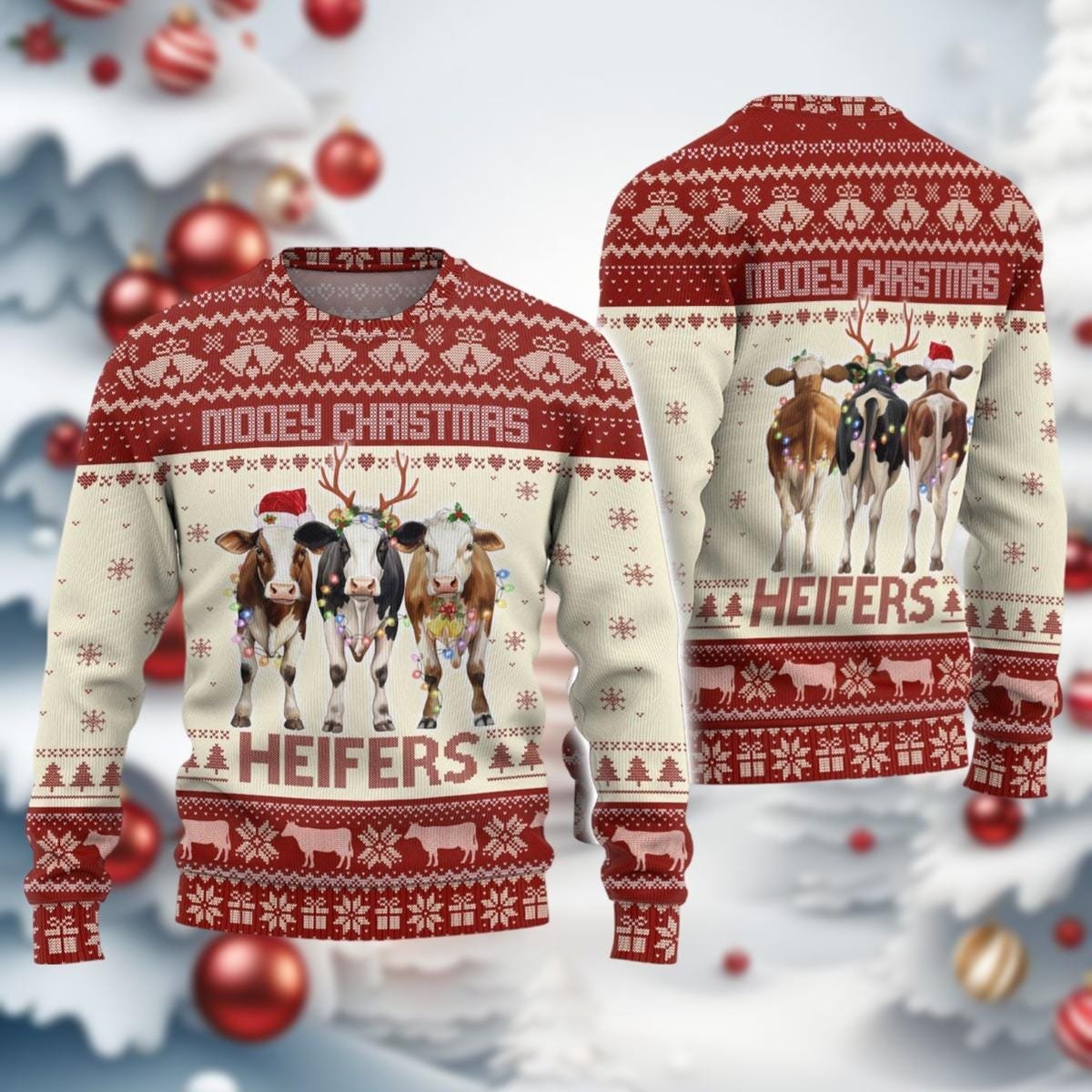 Mooey Heifers Christmas Cream Ugly Sweater Funny Cow Farm Animal Holiday Knit Jumper