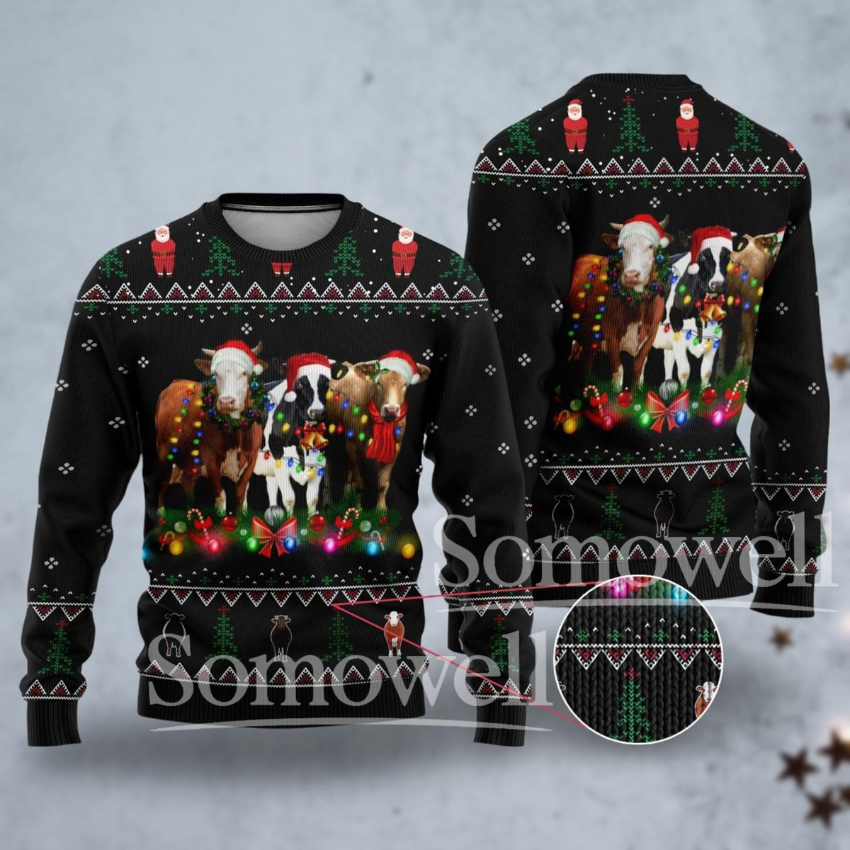 Cow Light Christmas Ugly Sweater Funny Farm Animal Holiday Knit Pullover Gift for Her Him