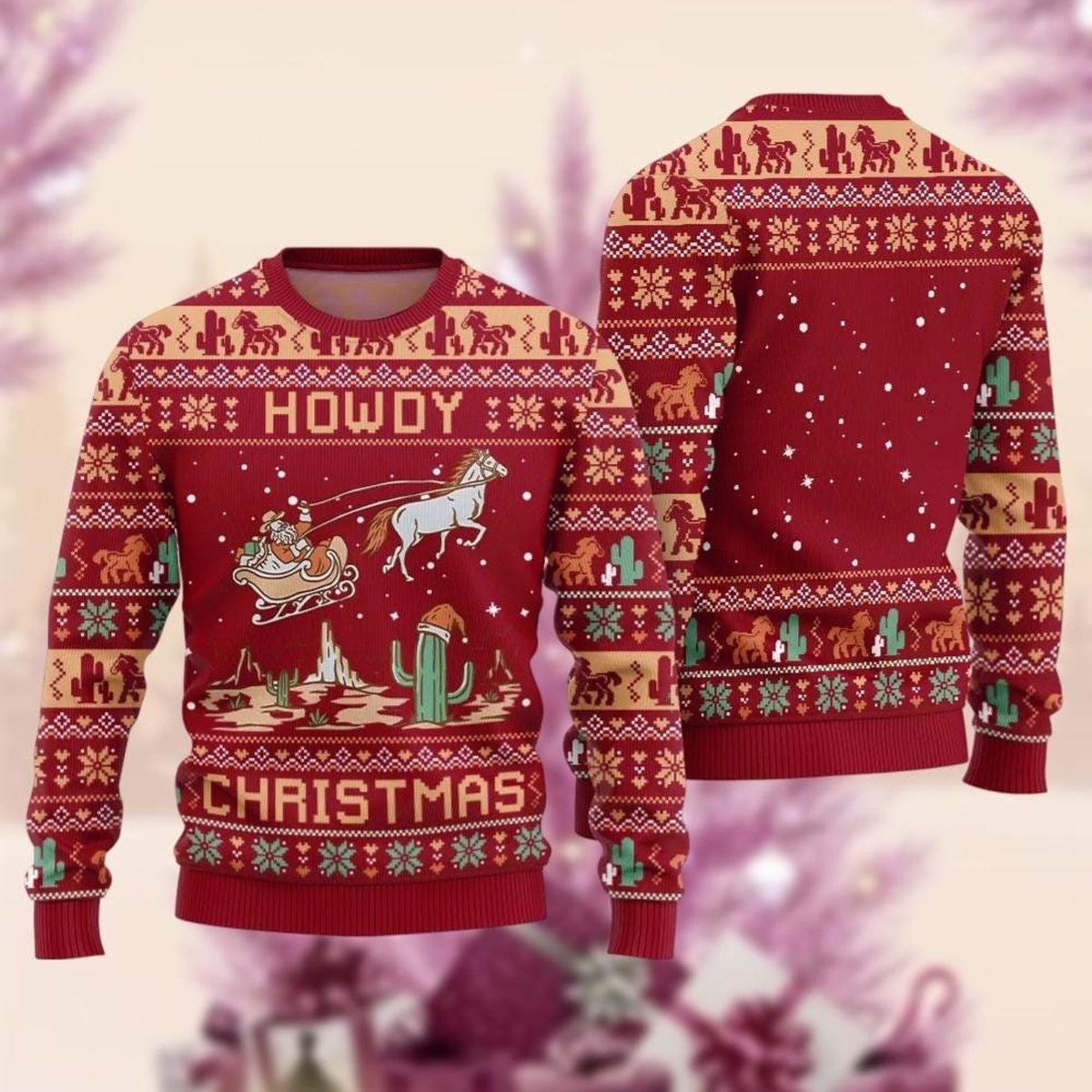 Howdy Cowboy Christmas Red Ugly Sweater Western Santa Horse Holiday Knit Jumper