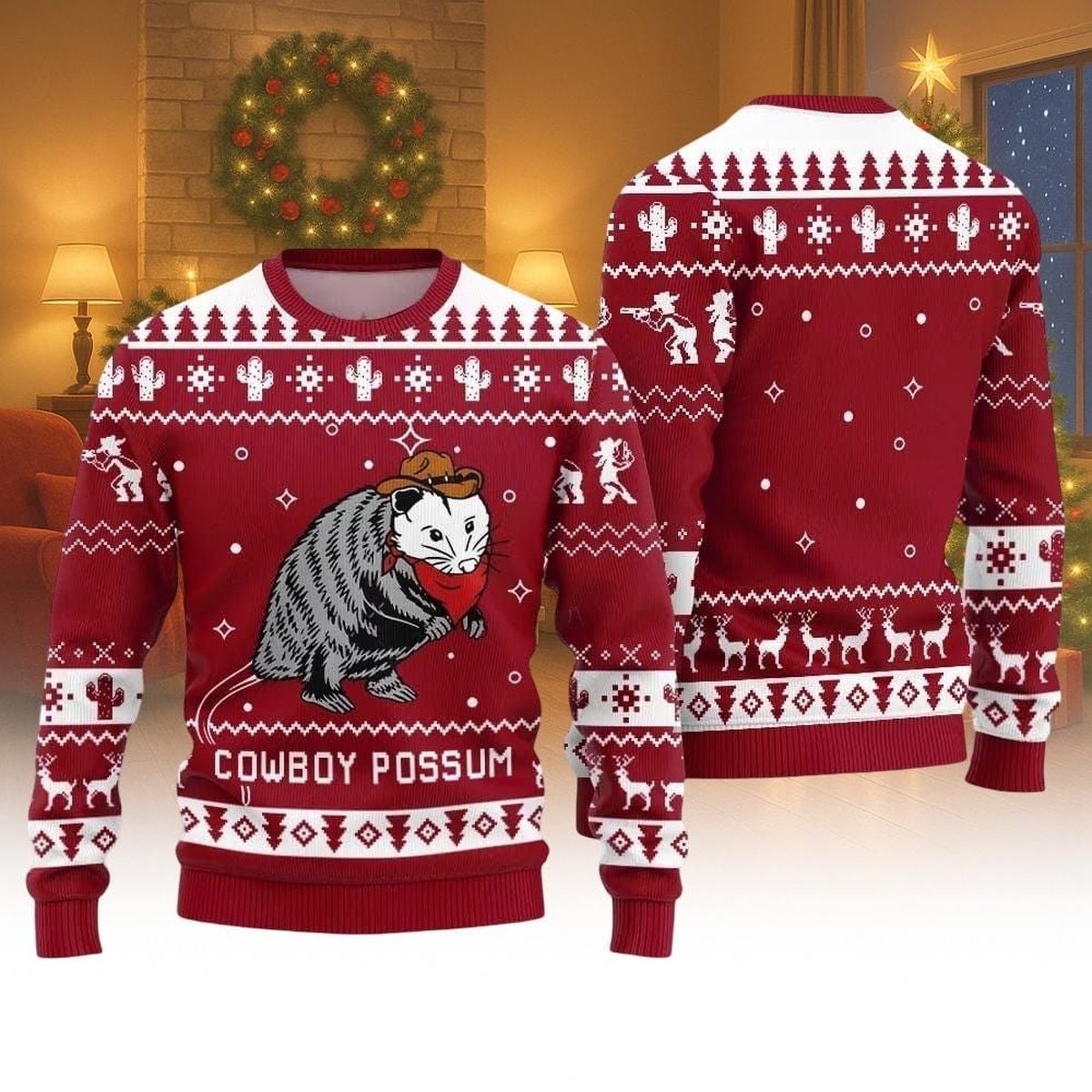Cowboy Possum Christmas Ugly Sweater Funny Animal Red Holiday Knit Jumper Design