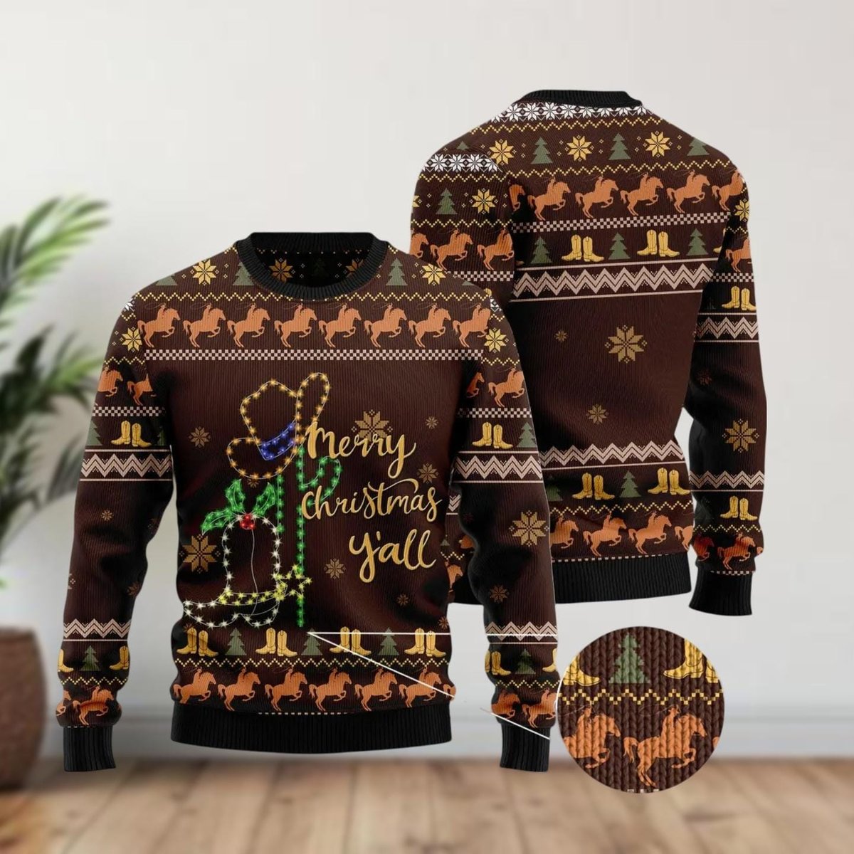 Cowboy Santa Merry Christmas Yall Ugly Sweater Western Holiday Knit Jumper Brown
