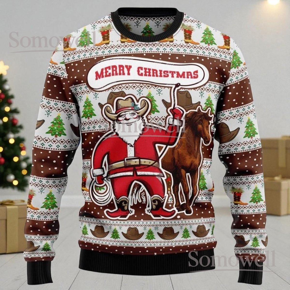 Cowboy Santa Brown Christmas Ugly Sweater Western Horse Funny Holiday Knit Jumper