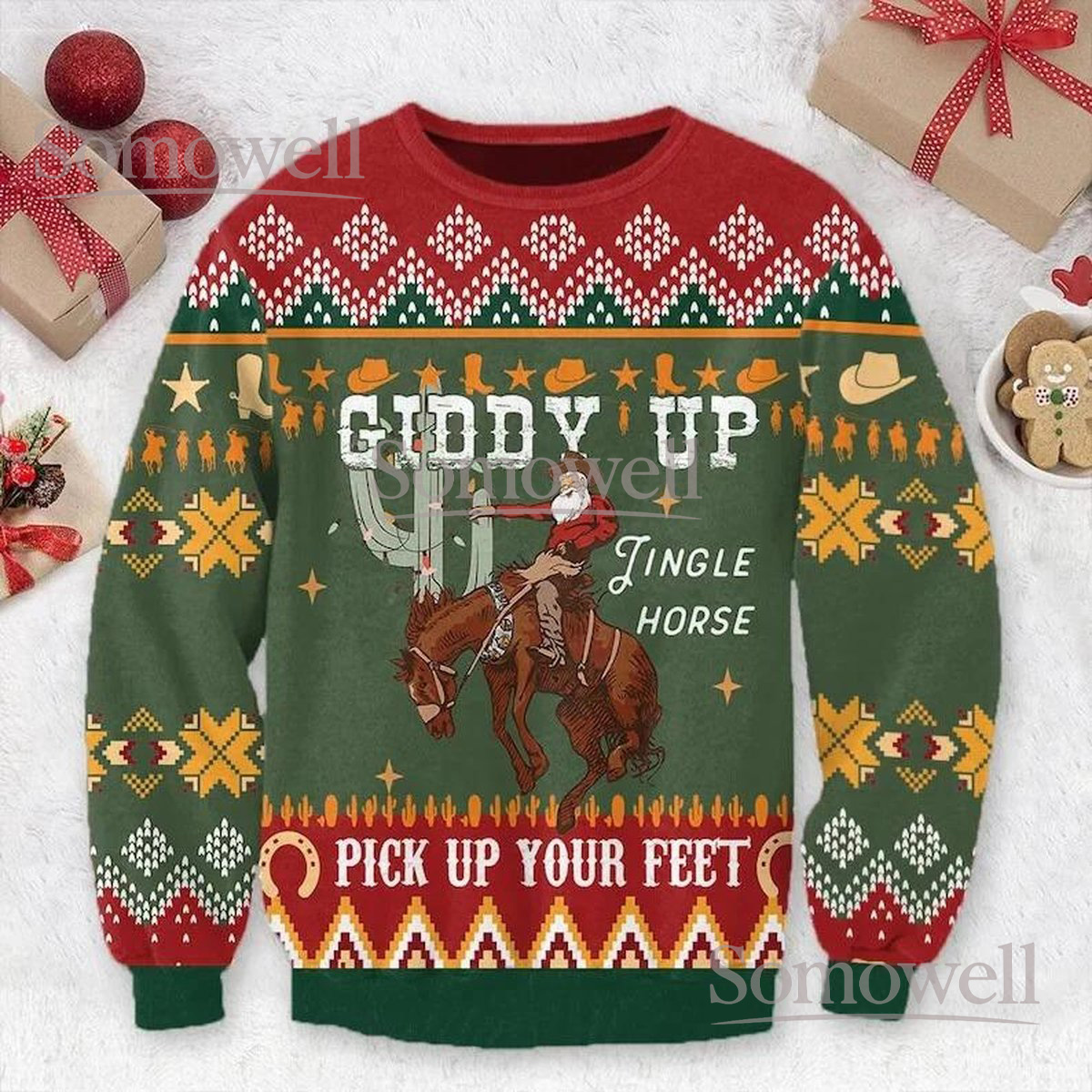 Cowboy Santa Green Ugly Christmas Sweater Giddy Up Jingle Horse Western Holiday Knit Jumper