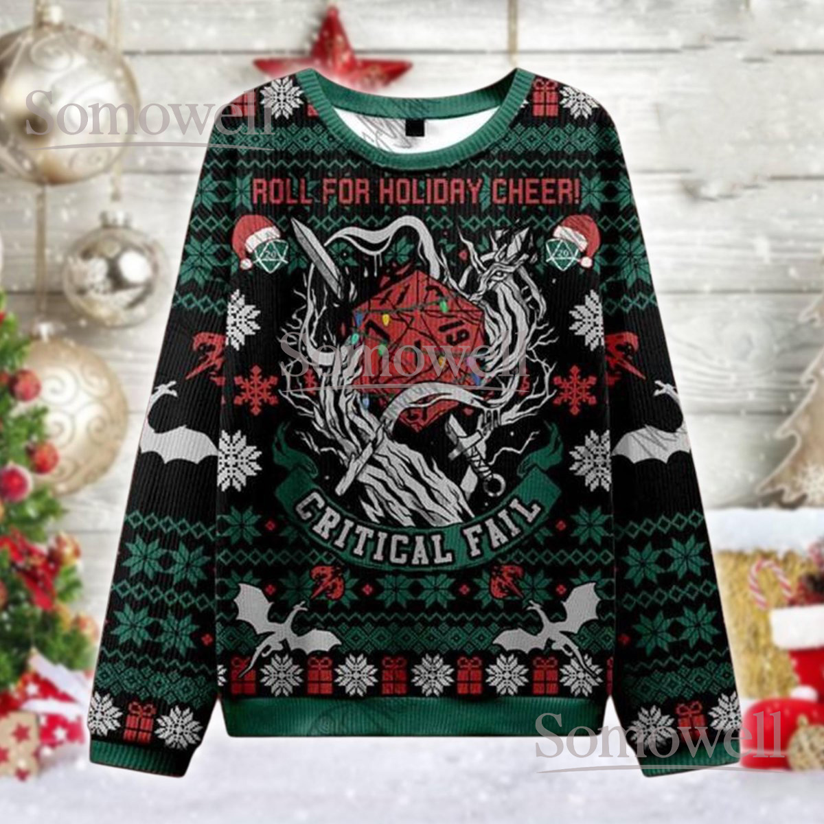 Critical Fail DnD Black Ugly Christmas Sweater Roll For Holiday Cheer Dice Game Holiday Knit Jumper