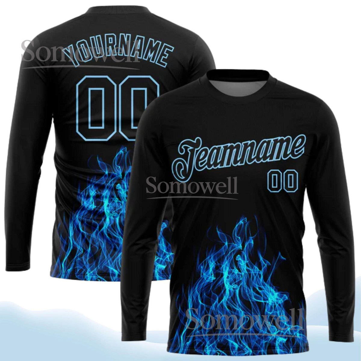 Custom Blue Flame 3D Long Sleeve Baseball Jersey with Personalized Team Name and Number