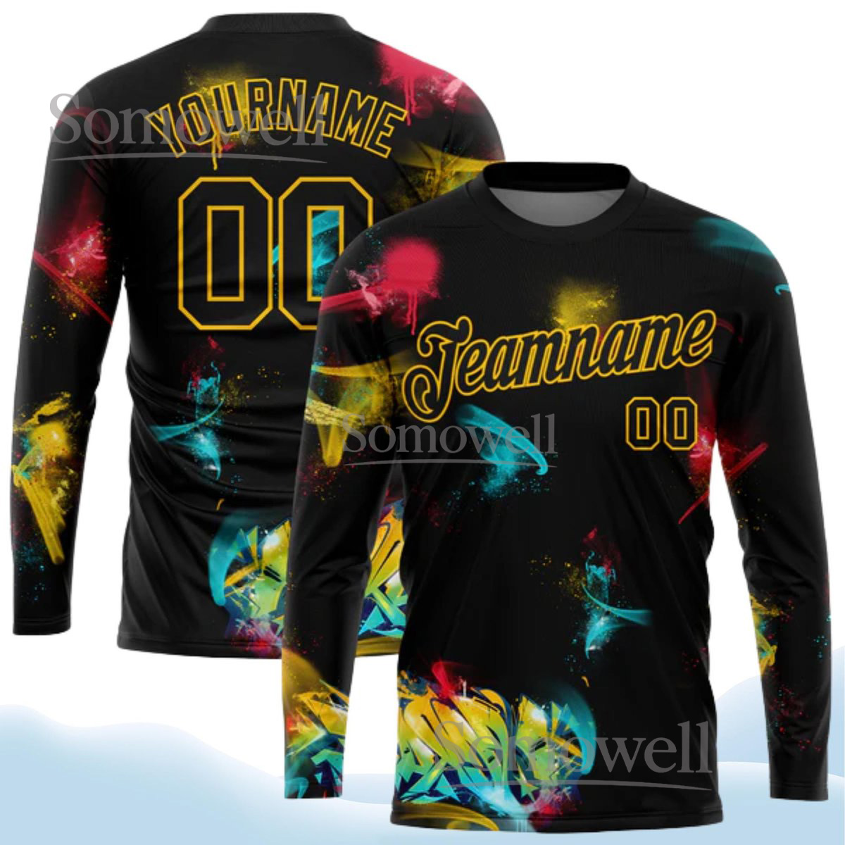 Personalized Long Sleeve Jersey with 3D Neon Paint Splash Design and Custom Name and Number