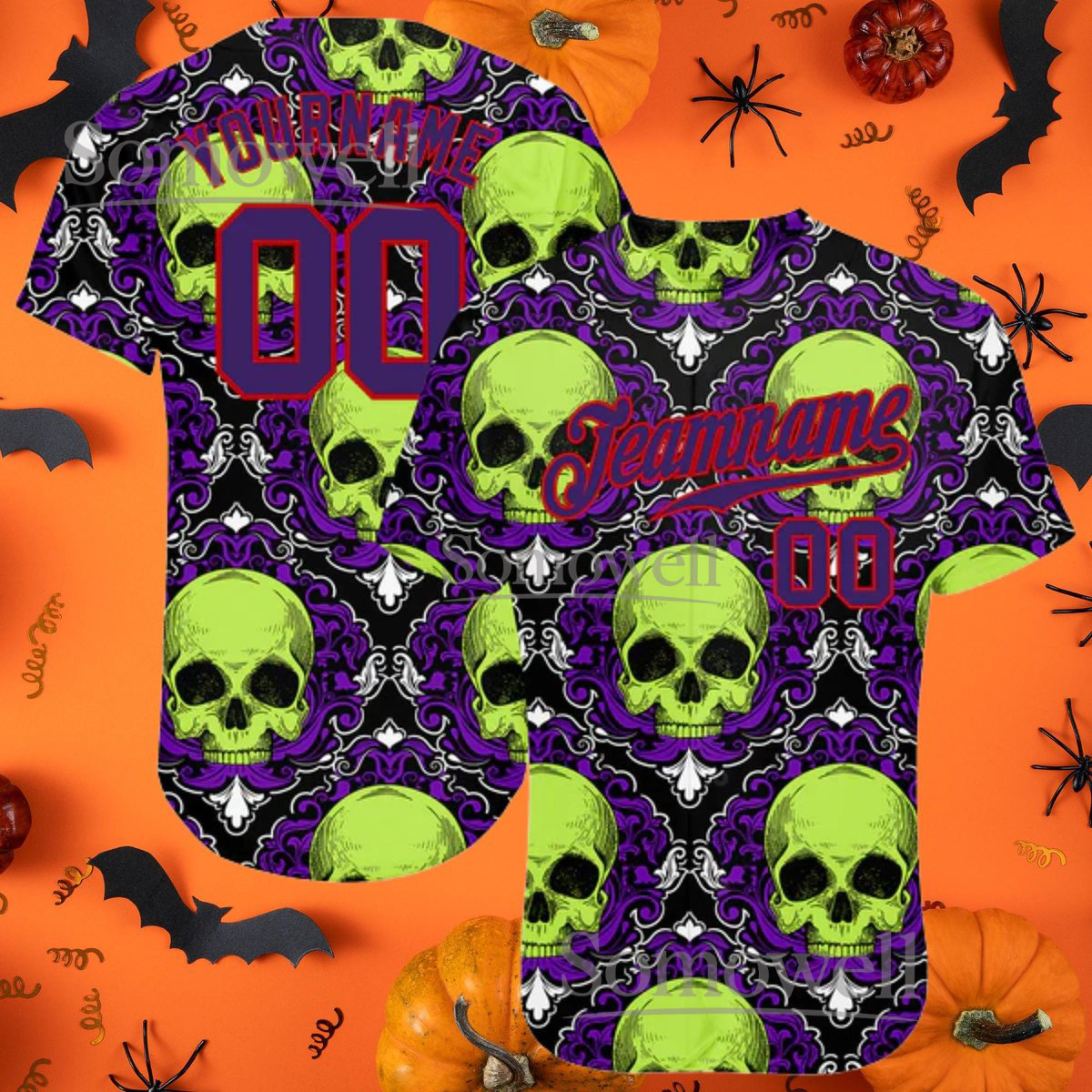 Custom Halloween Baseball Jersey with 3D Skull Pattern and Spooky Vibe