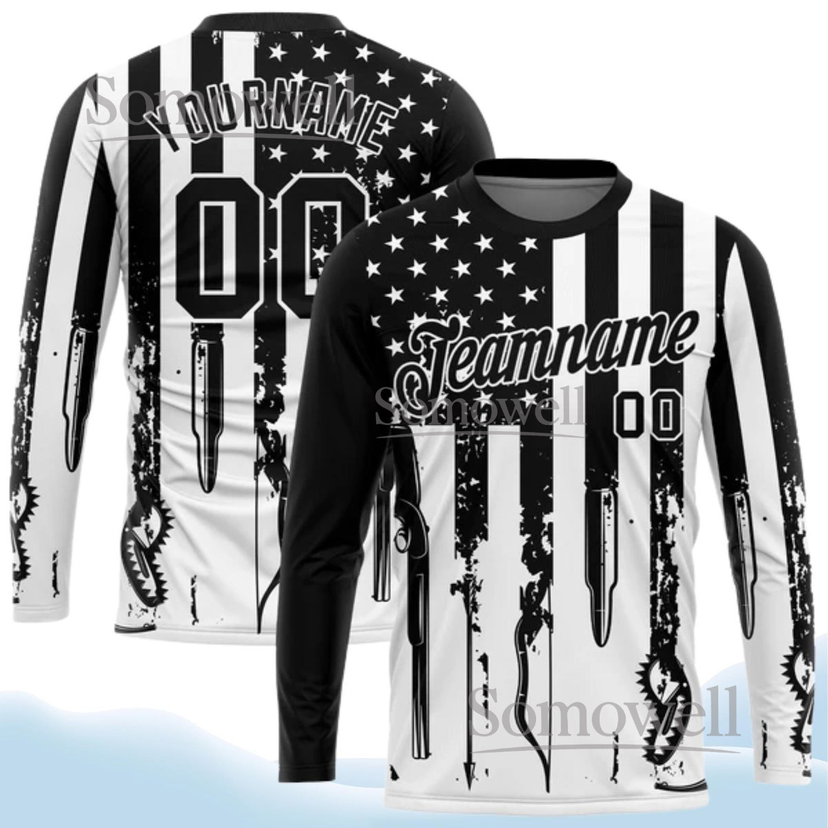 Custom 3D Pattern Stars Stripes Team Name Number Long Sleeve Performance Jersey Shirt Available in Multiple Colors