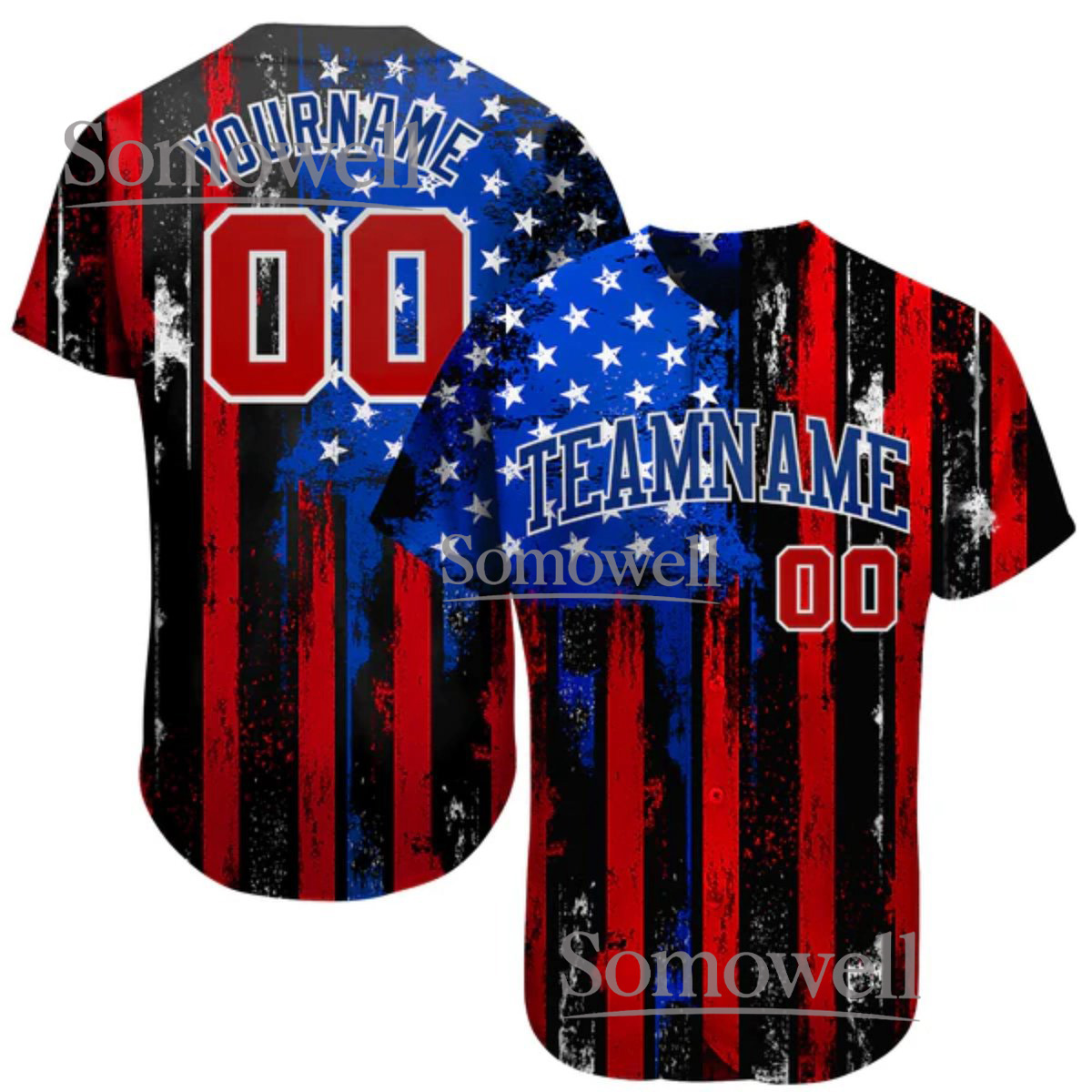 American Flag Baseball Jersey with Custom Team Name and Number for Patriotic Style
