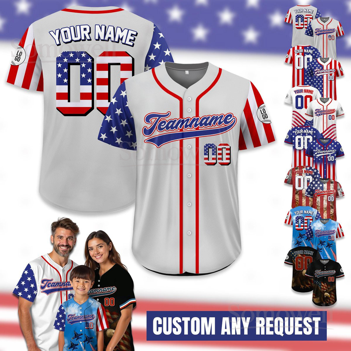 Personalized USA Baseball Jersey Custom Team Name and Number Patriotic Sports Shirt for Men Women and Youth in Multiple Colors