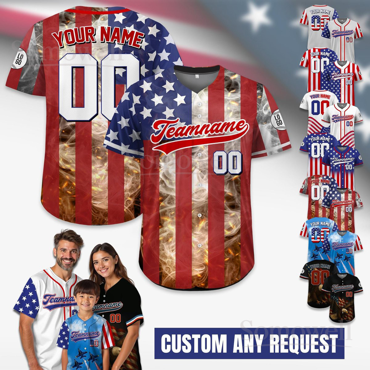 Custom American Flag Baseball Jersey Personalized Team Name and Number Patriotic Stars Stripes Family Outfit Gift Multi Color Edition
