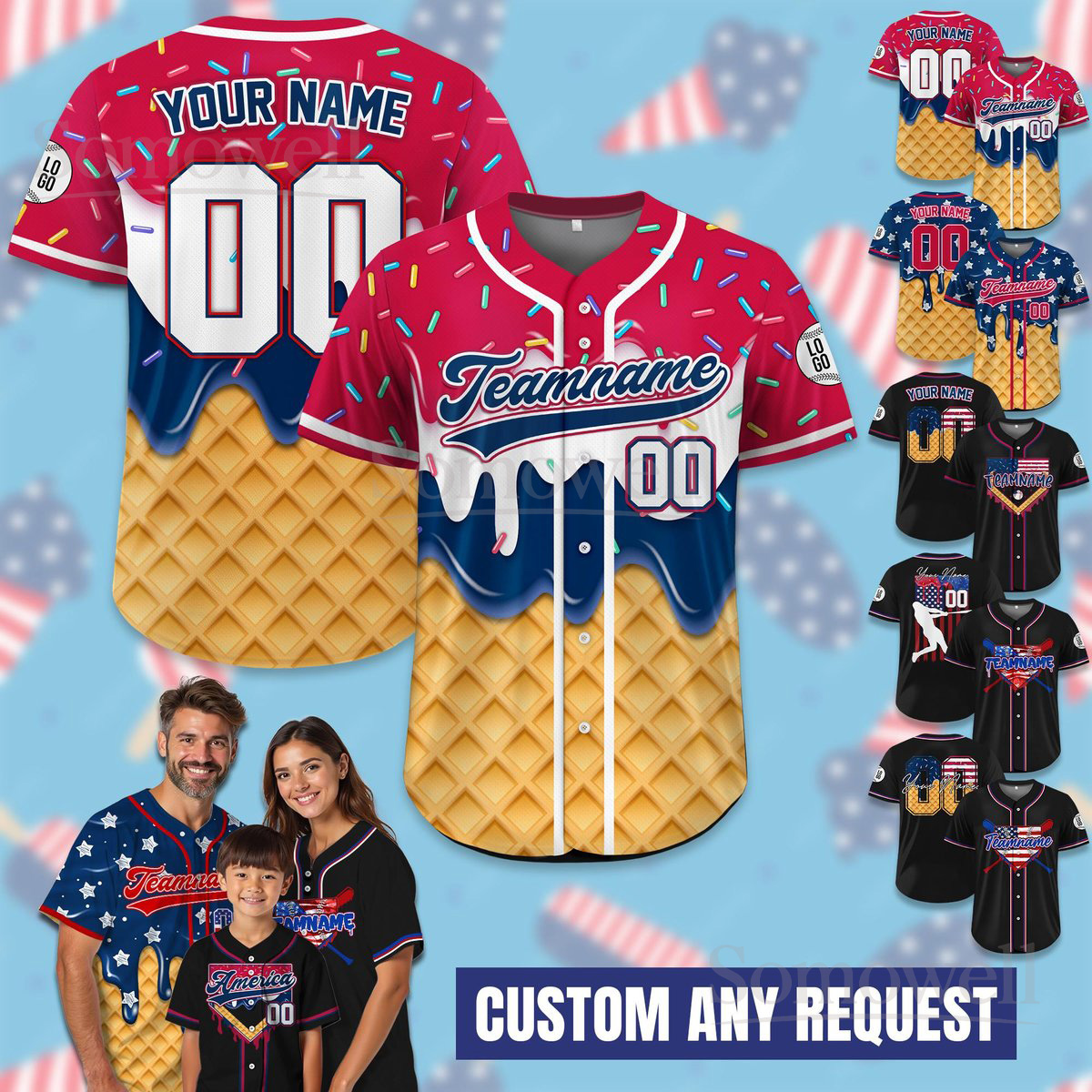 Custom American Flag Ice Cream Drip Baseball Jersey Many Colors Personalized Name Number Shirt