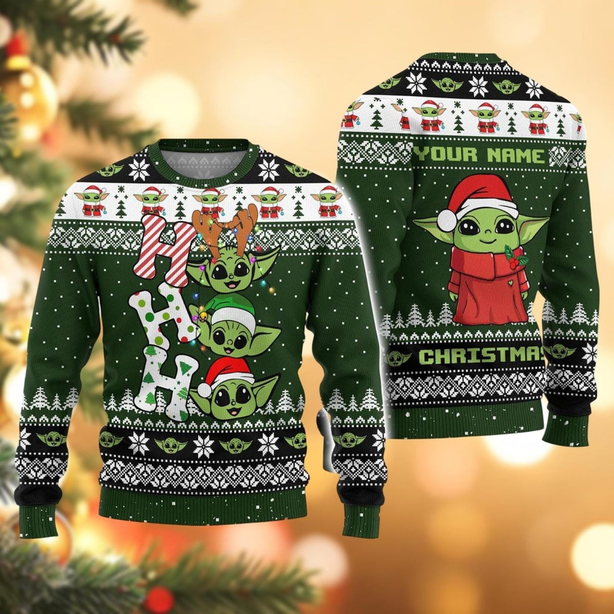 Green Baby Alien Ho Ho Ho Custom Name Ugly Christmas Sweater Holiday Gift