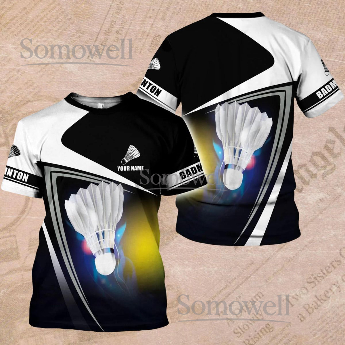 Custom Badminton Jersey Shirt Black White Shuttlecock Design Personalized Name Gift
