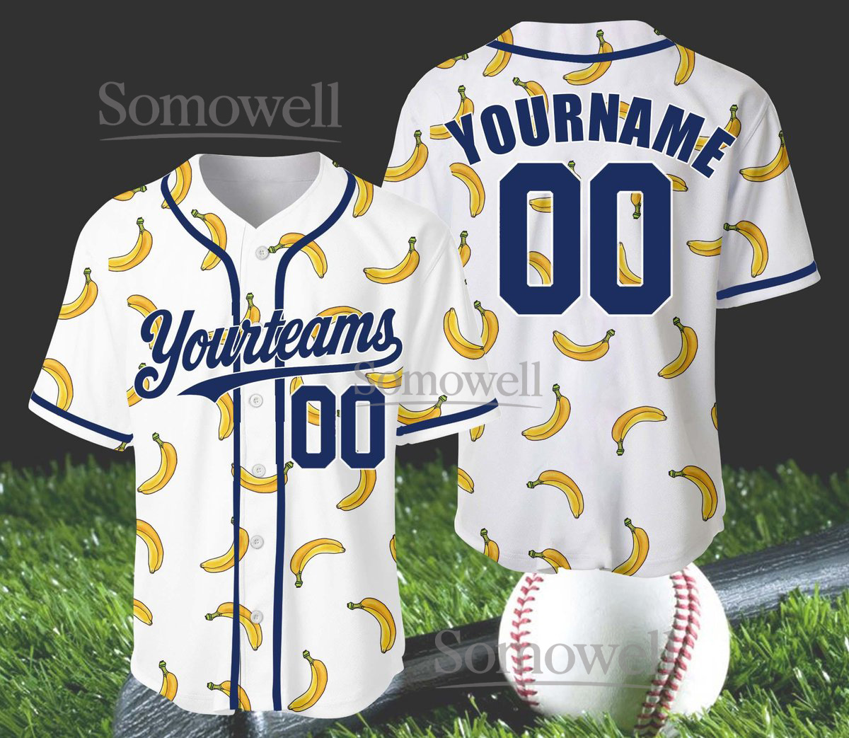 Funny Banana Baseball Jersey White Fruit Print Custom Team Name Number Summer Shirt