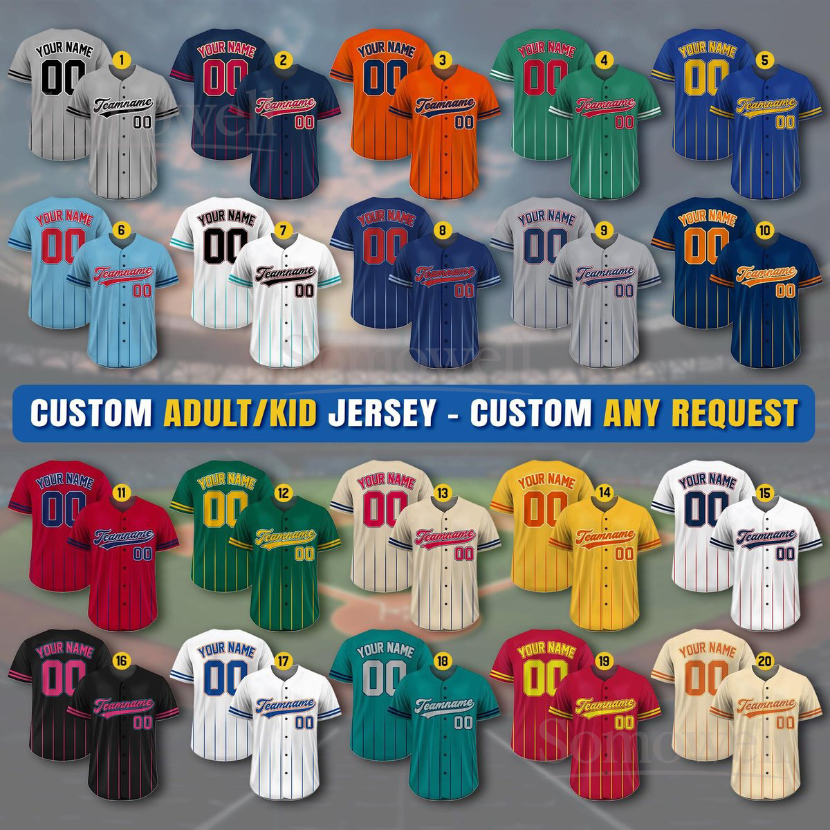 Custom Baseball Jersey with Team Name Number for Men Women Youth Multi Color Edition
