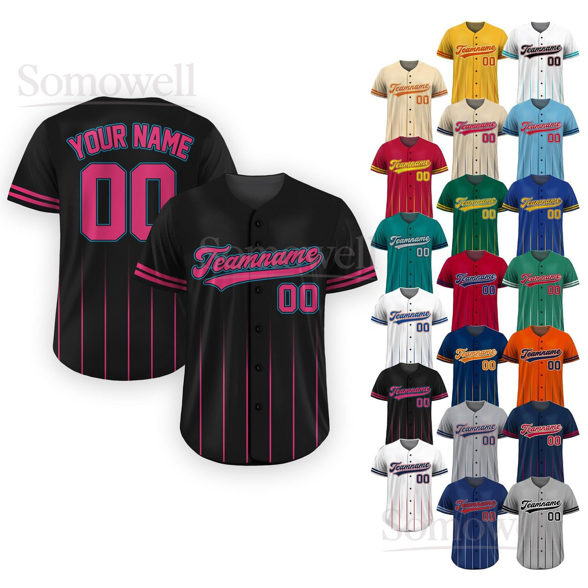 Custom Baseball Jersey with Team Name Number Personalized Pinstripe Design Sportswear Multi Color Edition