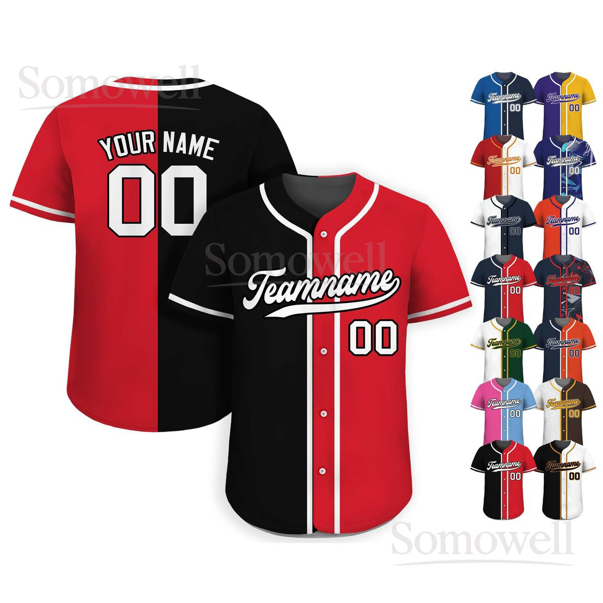 Custom Baseball Jersey Personalized Team Name Number Split Color Half Red Half Black Design for Adult Youth Multi Color Edition