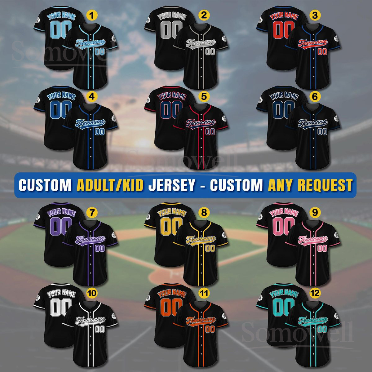 Custom Baseball Jersey Personalized Teamwear with Name Number Family Matching Outfit Multi Color Edition