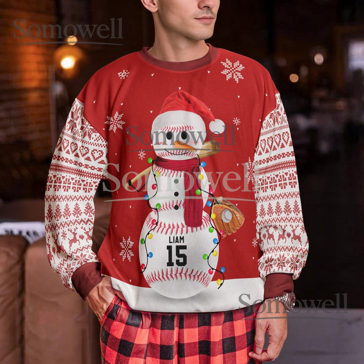 Custom Baseball Snowman Ugly Christmas Sweater Personalized Sports Gift