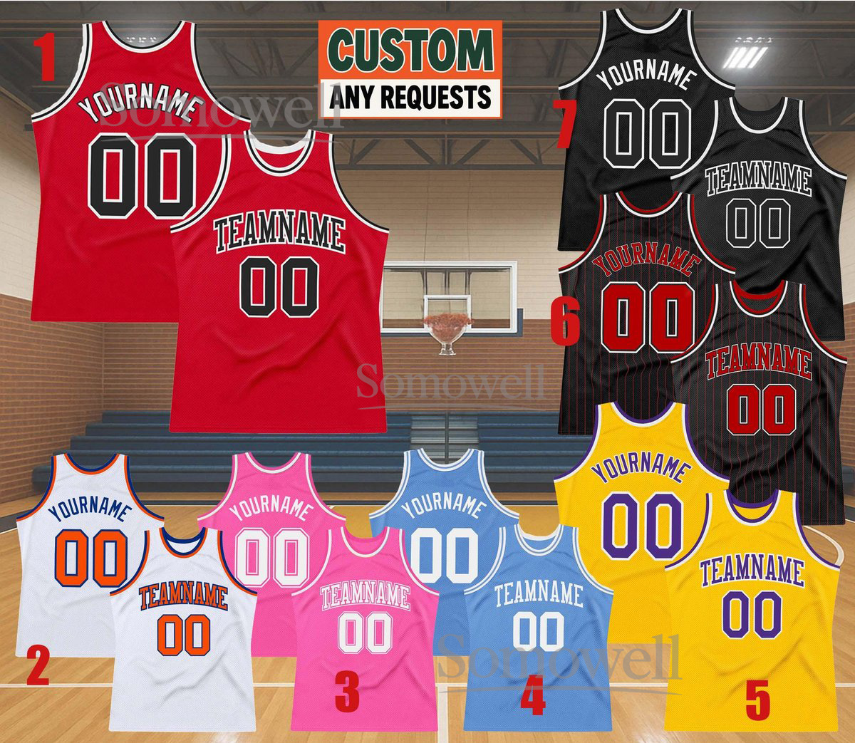 Custom Basketball Jersey Red White Trim Personalized Team Name Number Sleeveless Top