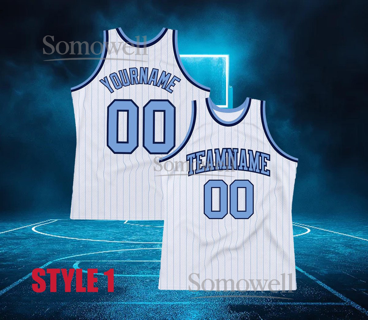 Custom Basketball Jersey White Blue Pinstripe Personalized Team Name Number Sleeveless Top