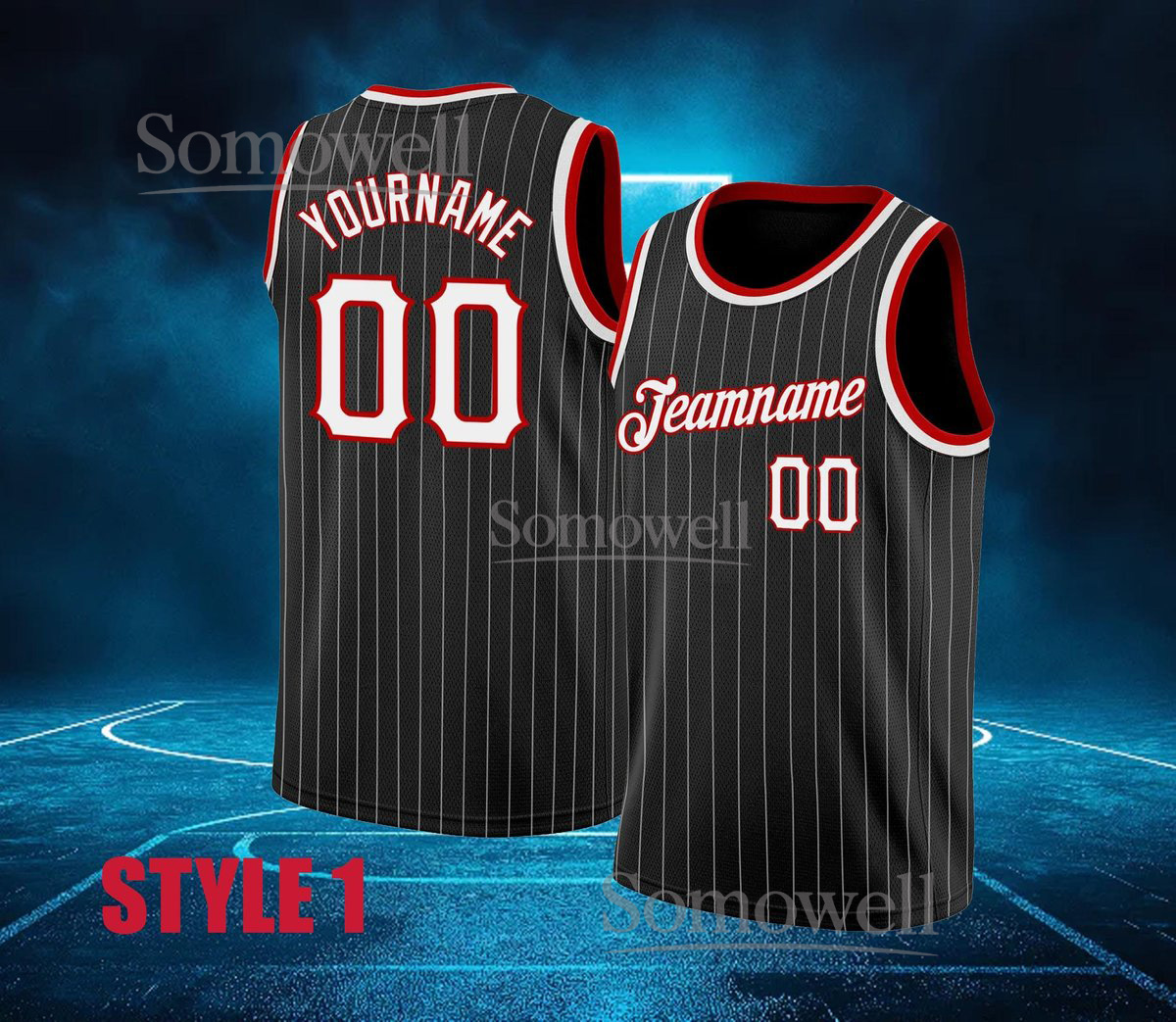 Custom Basketball Jersey Black Red Pinstripe Personalized Team Name Number Sleeveless Top