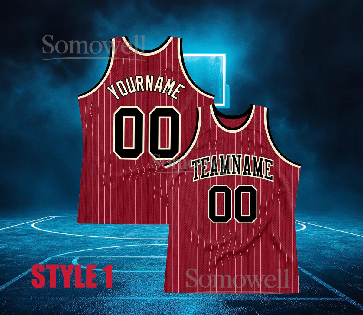 Custom Basketball Jersey Red Black Pinstripe Personalized Team Name Number Sleeveless Top