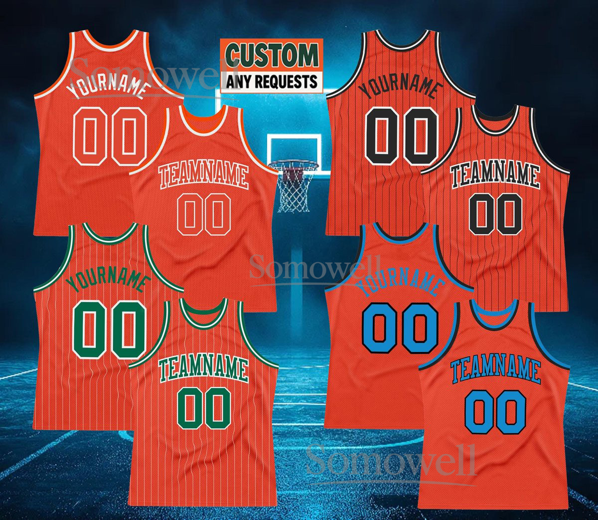 Custom Basketball Jersey Orange Green Blue Pinstripe Personalized Team Name Number Sleeveless Top