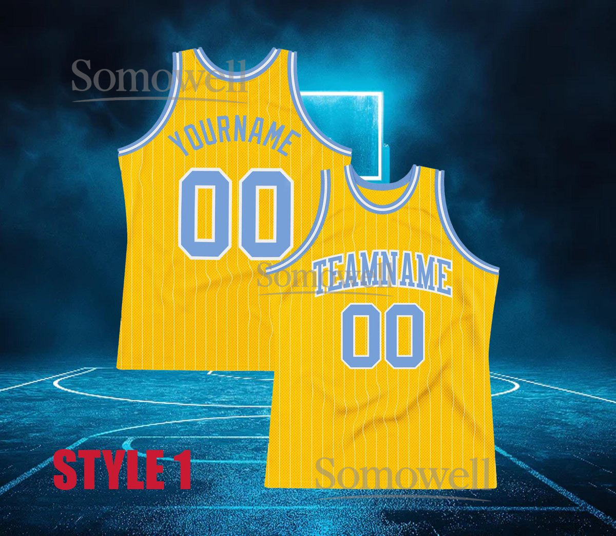 Custom Basketball Jersey Yellow Blue Pinstripe Personalized Team Name Number Sleeveless Top