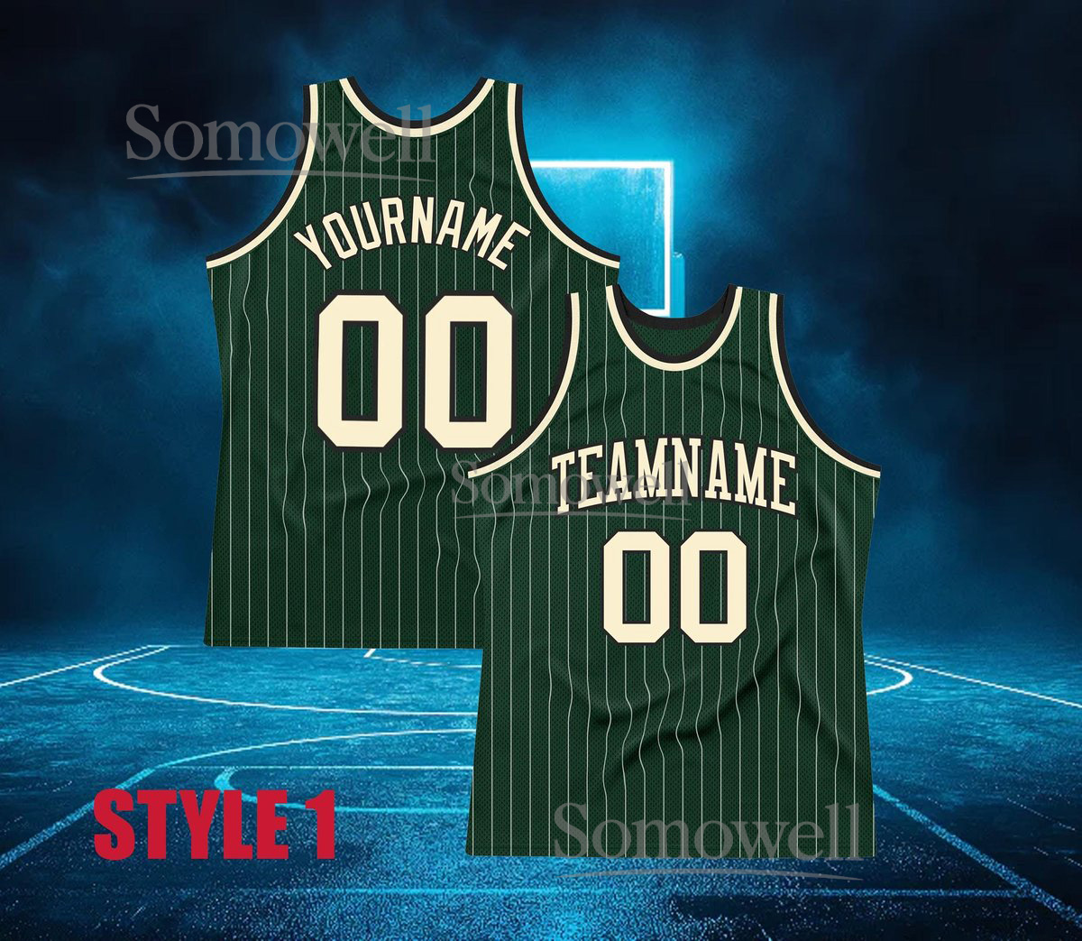 Custom Basketball Jersey Green Cream Pinstripe Personalized Team Name Number Sleeveless Top
