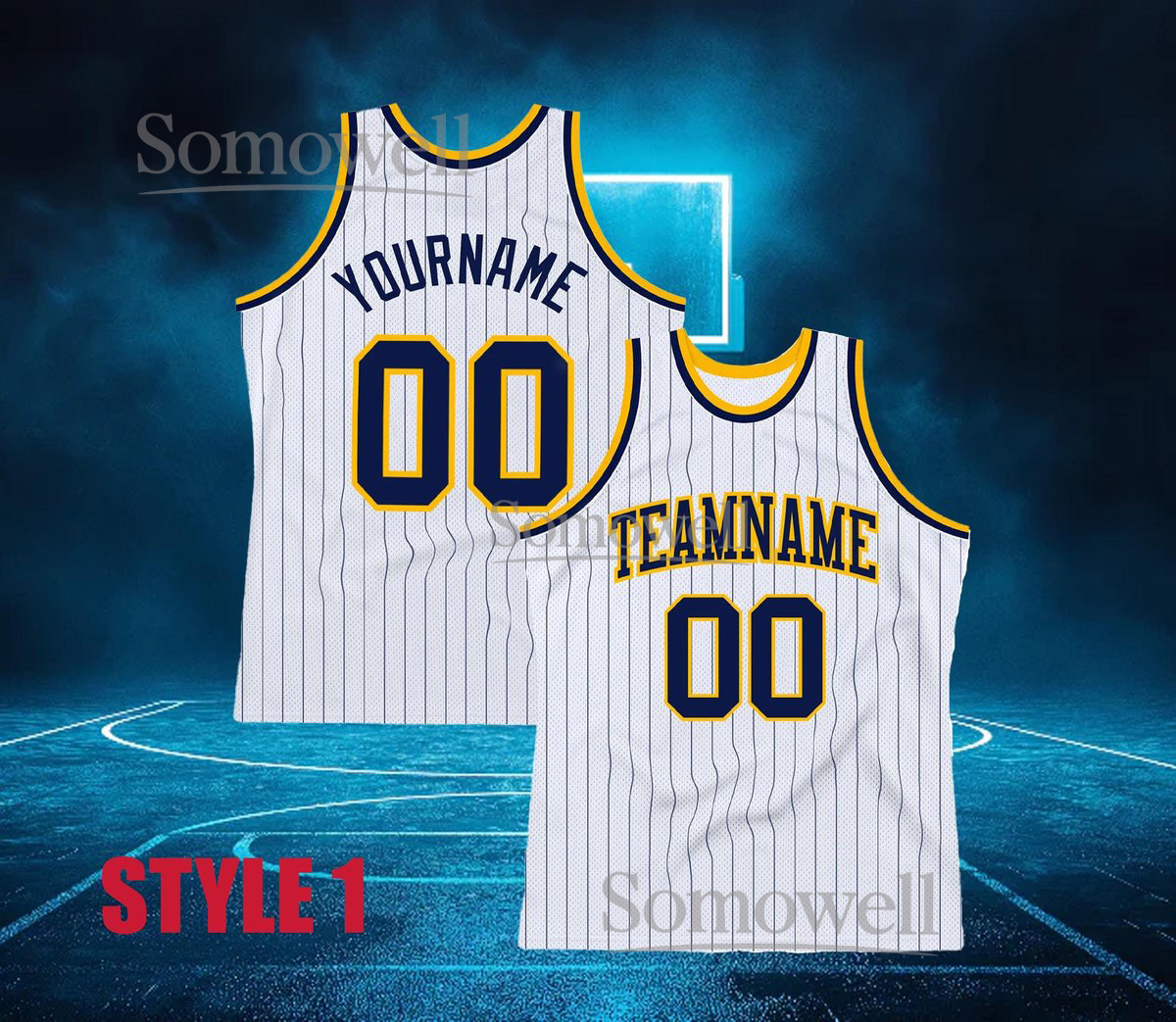 Custom Basketball Jersey White Yellow Blue Pinstripe Personalized Team Name Number Sleeveless Top