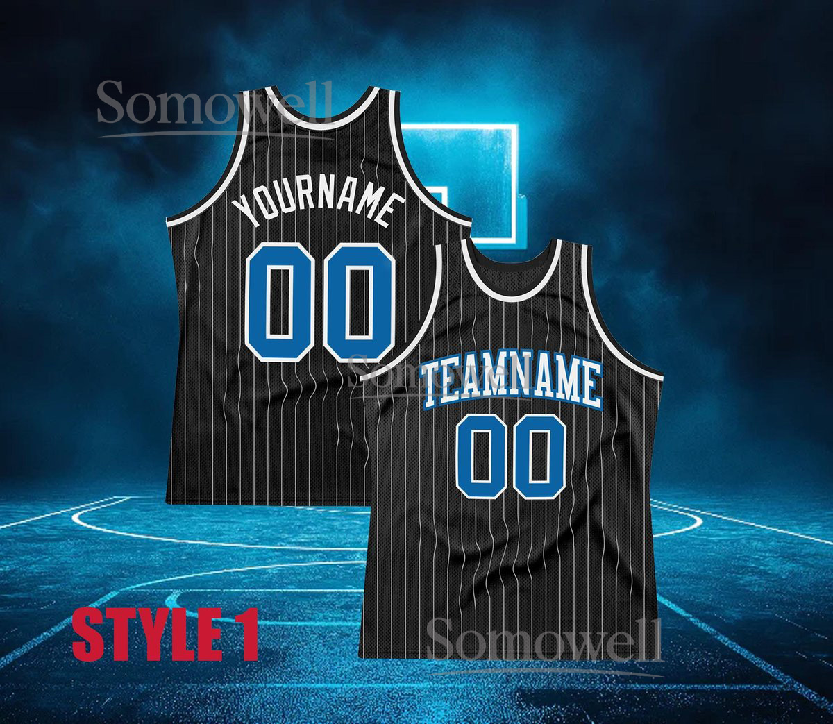 Custom Basketball Jersey Black Blue Pinstripe Personalized Team Name Number Sleeveless Top
