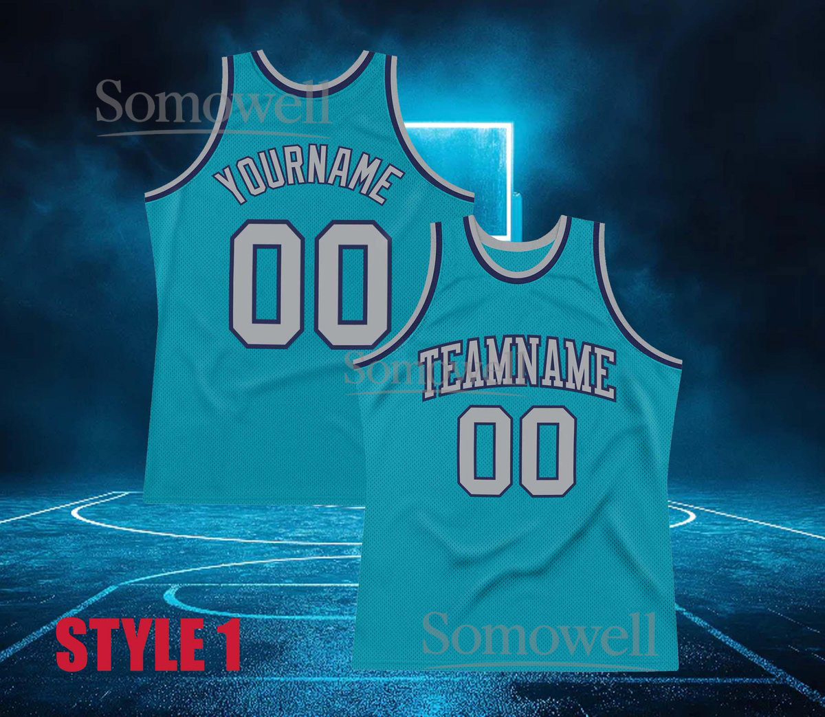 Custom Basketball Jersey Cyan Blue Gray Trim Personalized Team Name Number Sleeveless Top