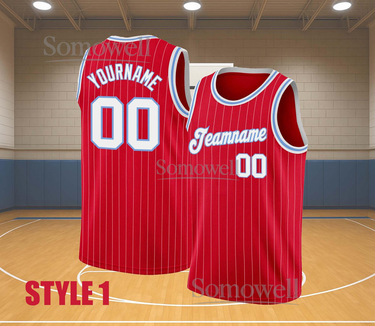 Custom Basketball Jersey Red White Blue Trim Personalized Team Name Number Sleeveless Top