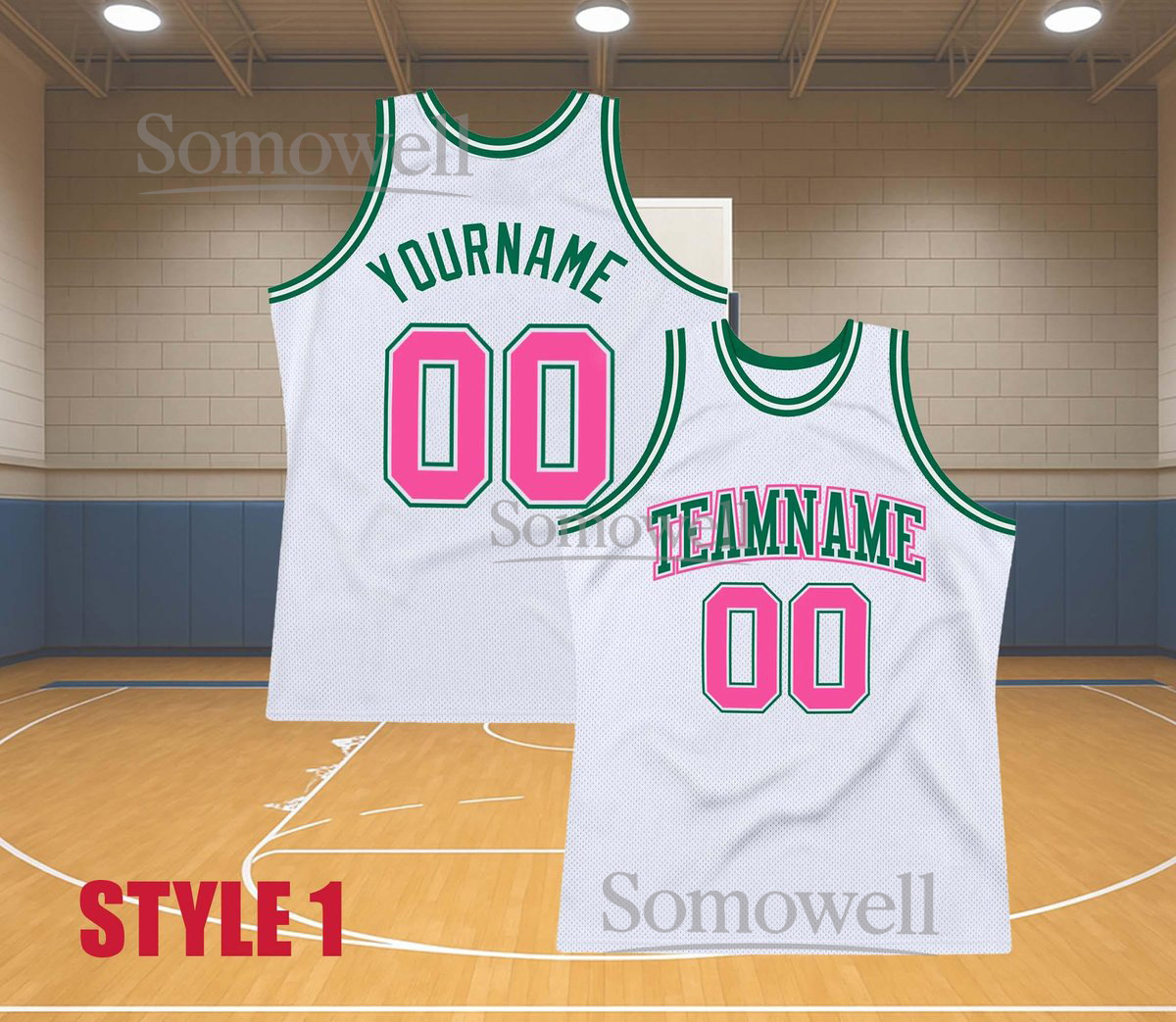 Custom Basketball Jersey Team Name Number Pink Green Edition Available in Multiple Colors