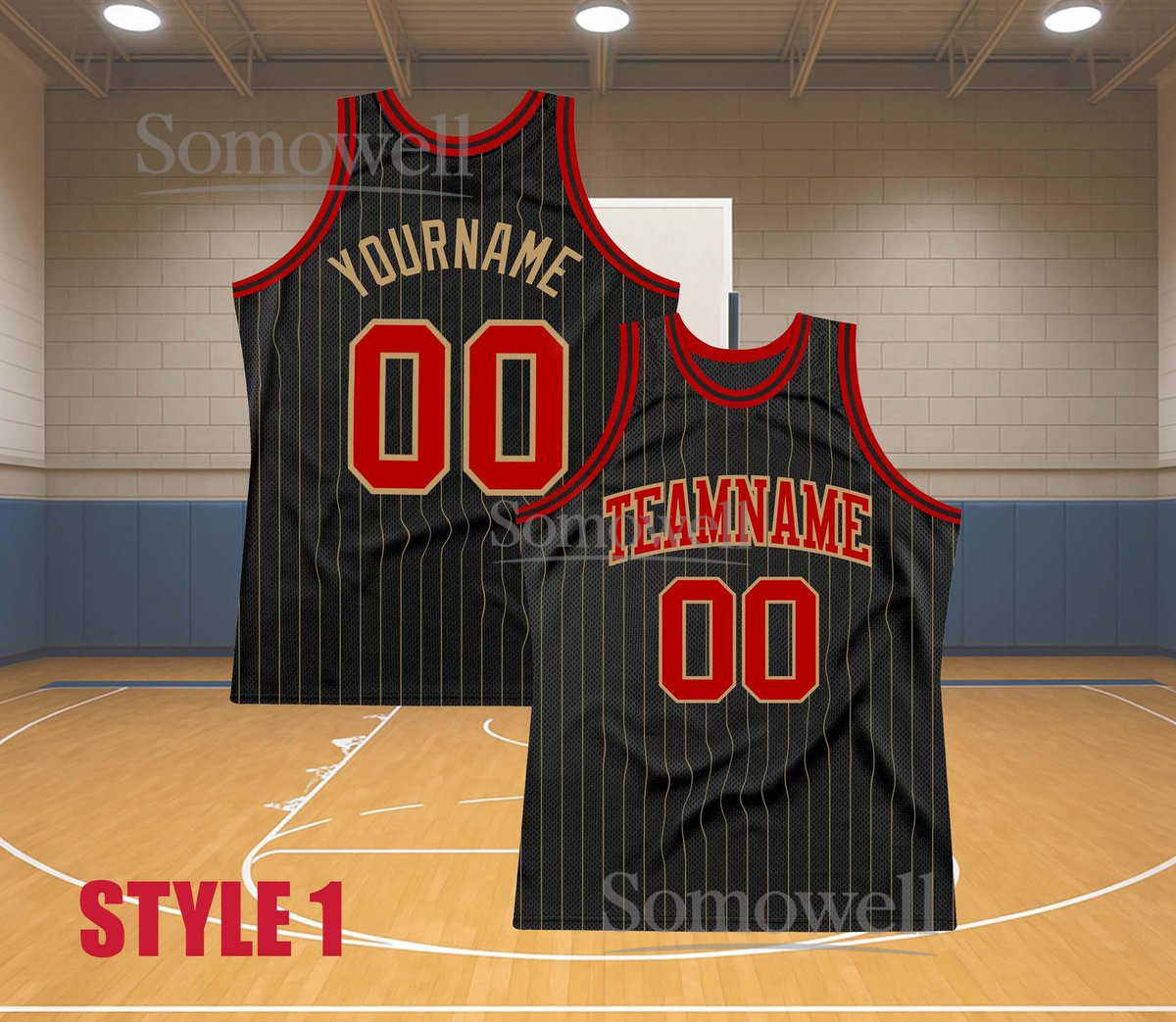 Custom Basketball Jersey Team Name Number Black Pinstripe Red Edition Available in Multiple Colors