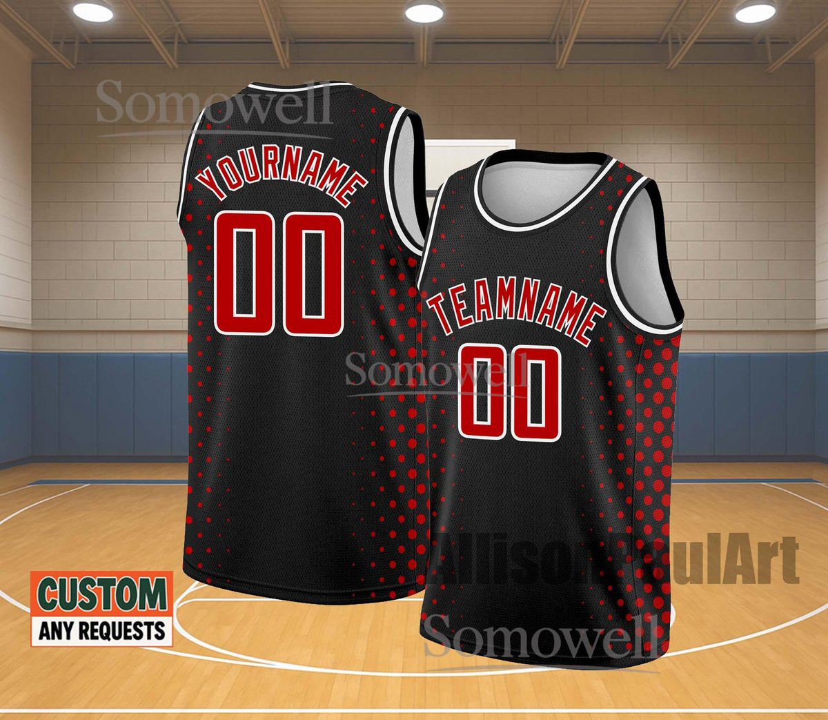 Custom Basketball Jersey Team Name Number Red Dot Edition Available in Multiple Colors