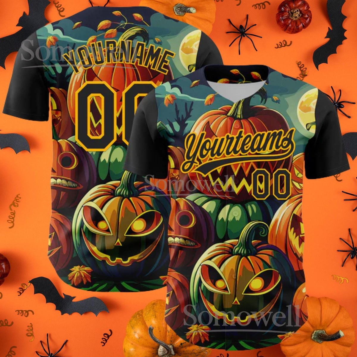 Custom Black Gold 3D Halloween Baseball Jersey, Personalized Name and Number