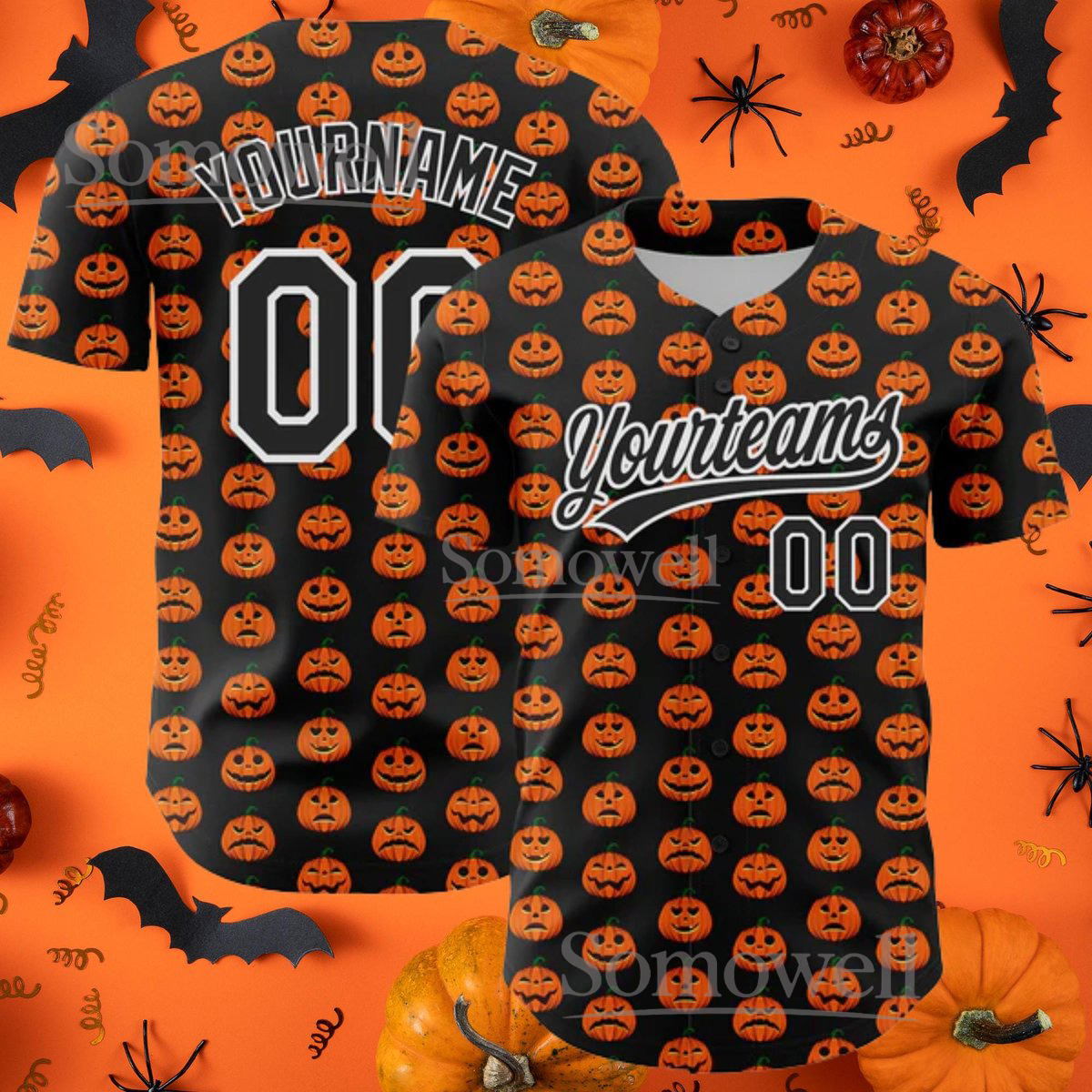 Black Neon Green Halloween Skulls Baseball Jersey, 3D Skull Print, Customizable Team Name Number