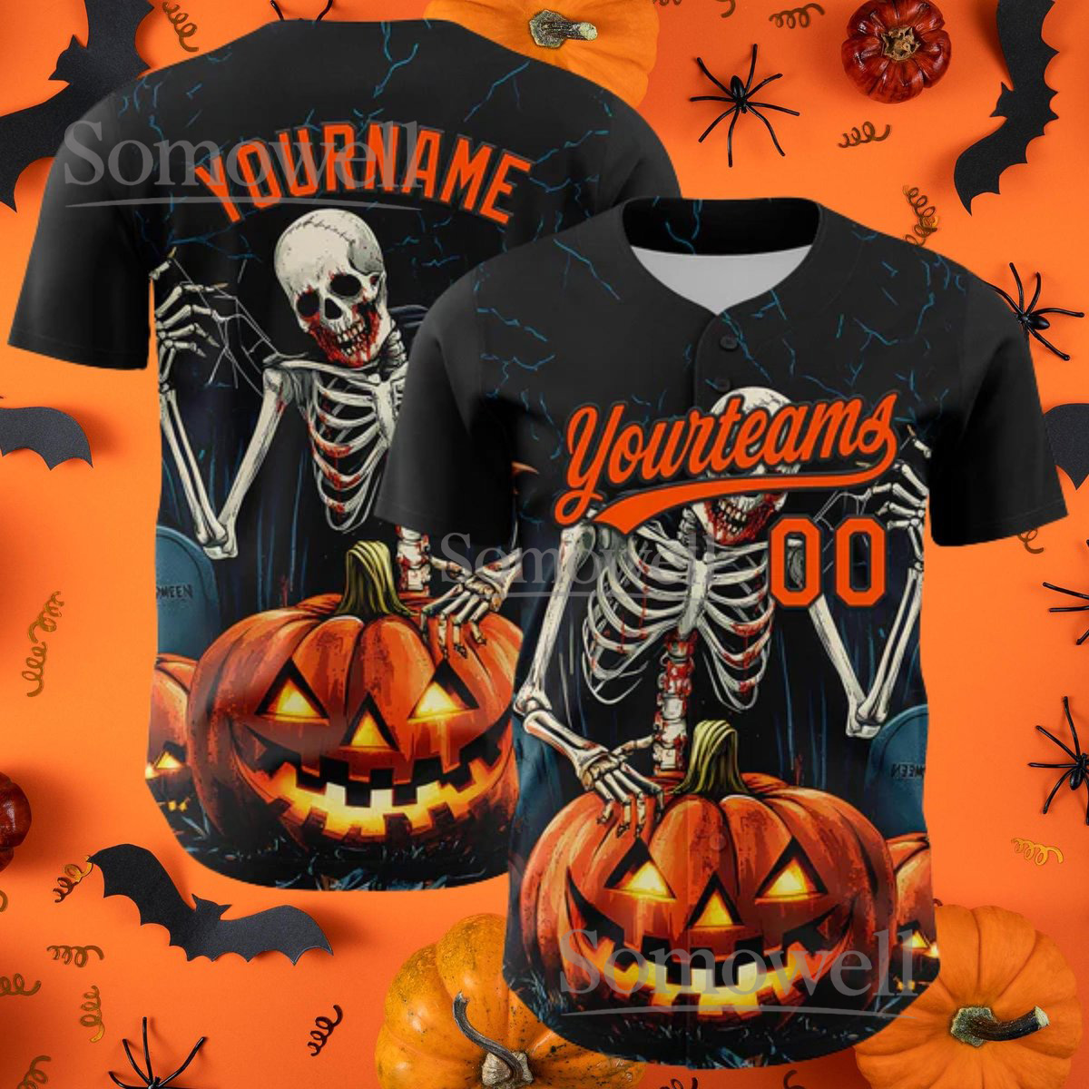 Custom Black and Orange 3D Halloween Baseball Jersey with Skull and Pumpkin Design